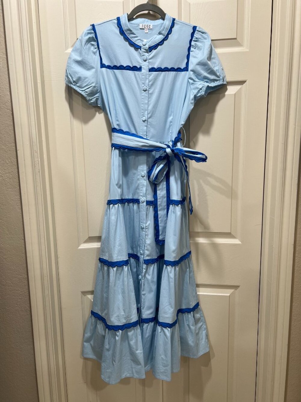 NWT Women's TCEC Light Blue Scallop Trim Midi Dress Puff Sleeve Tie Waist Large